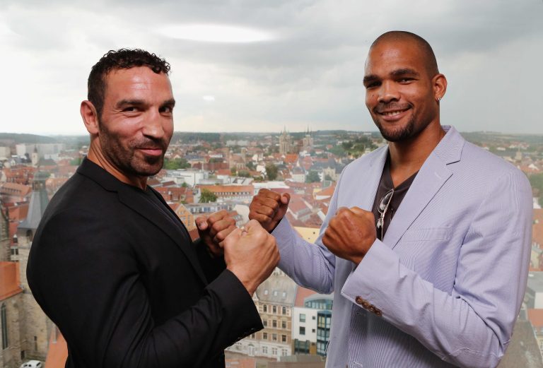 ERFURT, GERMANY - JULY 11:  Firat Arslan and Yoan Pablo Hernandez in front of the City Erfurt on July 11, 2014 in Erfurt, Germany.  (Photo by Karina Hessland/Bongarts/Getty Images)