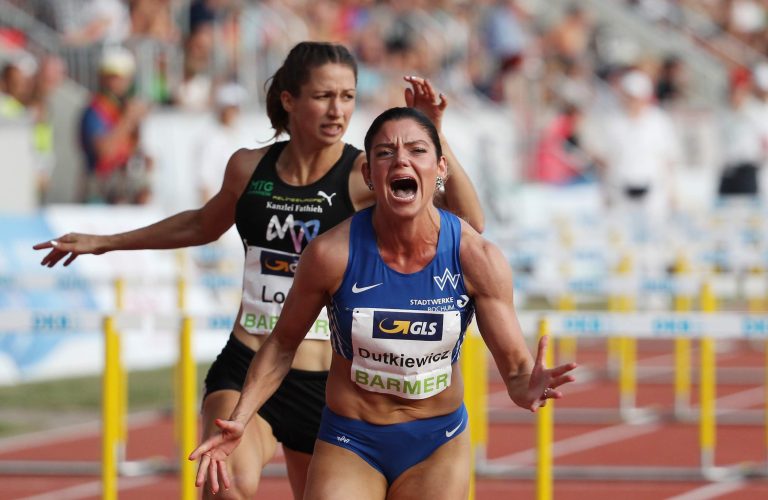 08.07.17 , Erfurt, Steigerwaldstadion, Multifunktionsarena, GER, 117. Deutsche Leichtathletik  Meisterschaften 
im Bild: Pamela Dutkiewicz gewinnt, hinter ihr Ricarda Lobe / 100 m Hürden / Jubel / Sieg 
Foto: Karina Hessland-Wissel