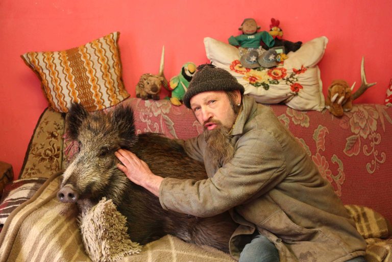 22.03.18 , Ilfeld, Waldemar Soff lebt zusammen mit Wildschwein Borsty, er fand es, als es 10 Tage alt war (Juli 2017), seitdem hat es bei ihm einen Stall, darf aber auch mit Waldemar auf der Couch Fernsehen schauen im Bild: Waldemar Soff und Borsty gemeinsam auf der Couch Foto: Karina Hessland-Wissel